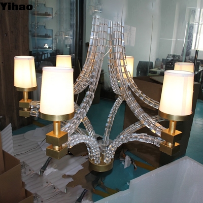comprare Handmade Brass 6-Light Chandelier with White Fabric Shades fabbricazione online